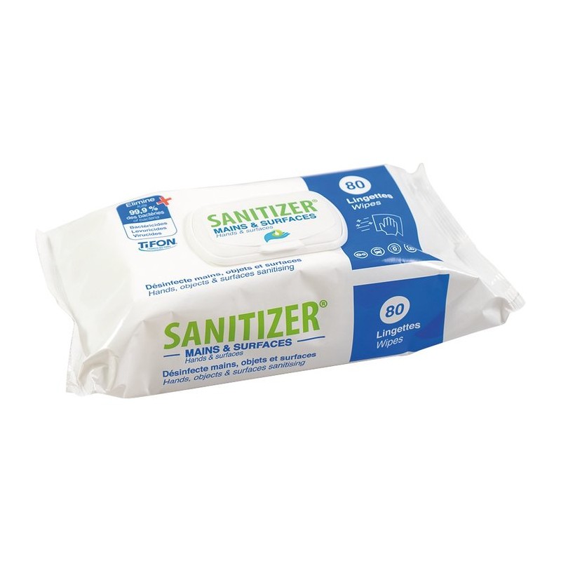 Lingettes désinfectantes Sanitizer - 80 lingettes - Elimine 99.9% des germes
