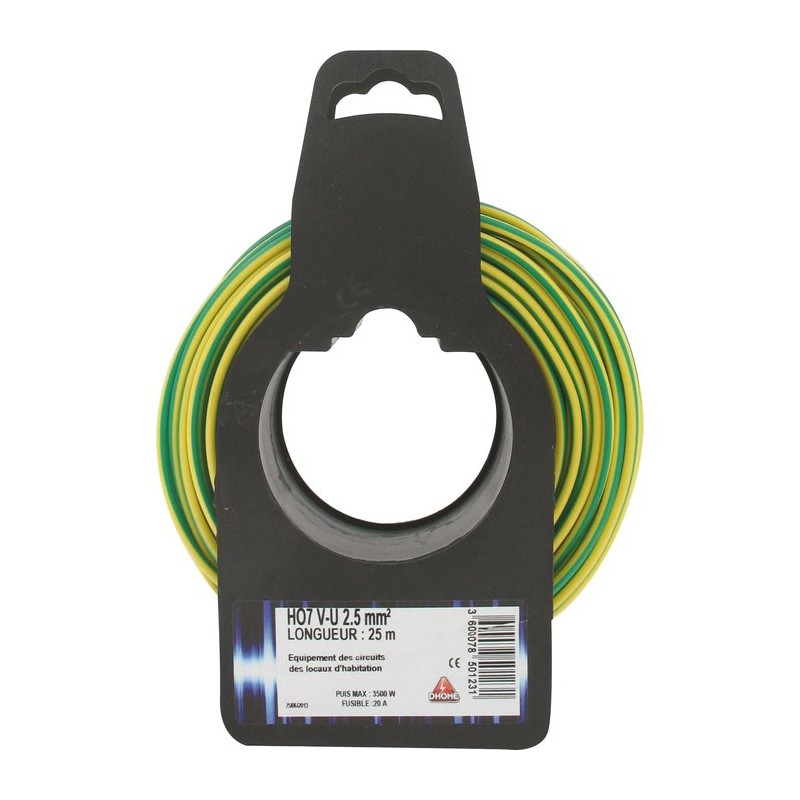 Fil H07 V-U - Dhome - 2,5 mm² - L. 25 m - Vert/Jaune - Brochable