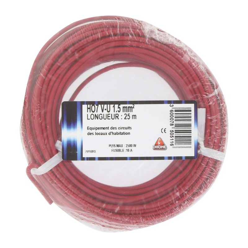 Fil H07 V-U - Dhome - 1,5 mm² - L. 25 m - Rouge