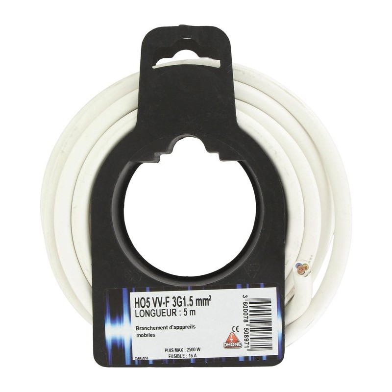 Câble H05 VVH 2-F - Dhome - 3G1,5 mm² - L. 5 m - Blanc