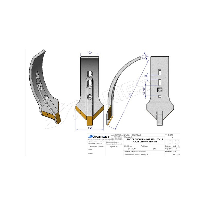 BEC DE DECHAUMAGE 450x80x15 CARB Lemken 33744 438