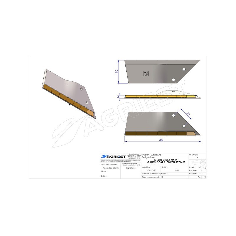 AILETTE ADAPTABLE LEMKEN 360X110X14  3374421 N