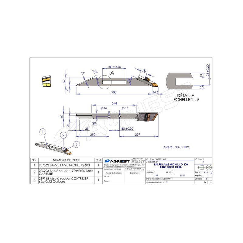 BARRE LAME MICHEL LG 600 EA80 DROIT CARB