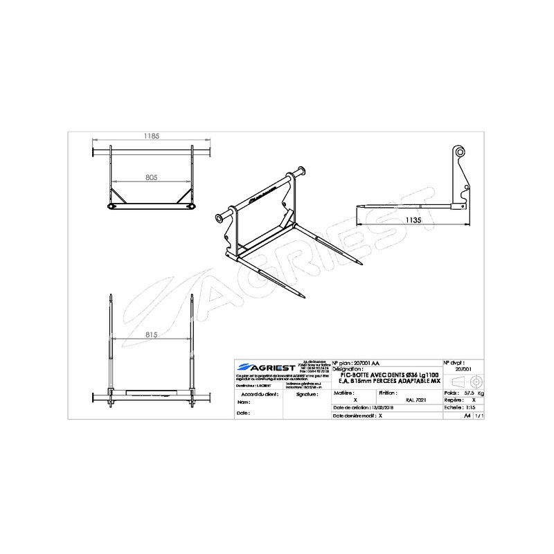 PIC'BAL MX AVEC 2 DENTS 1100X36 PERCE GRIS