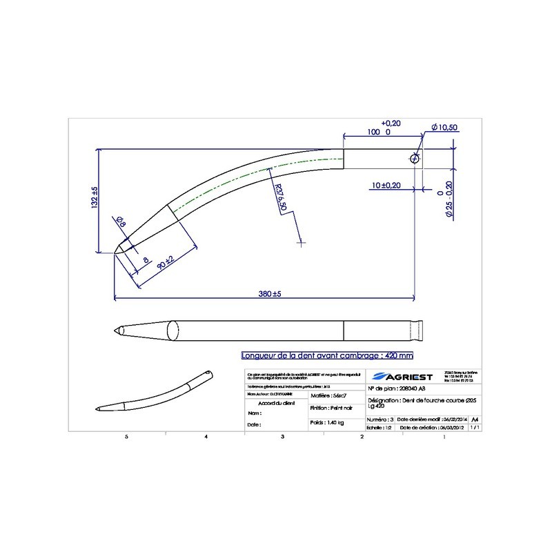 DENT DE FOURCHE Ø25 LG 420 COURBEE SP GRIFFE ALL