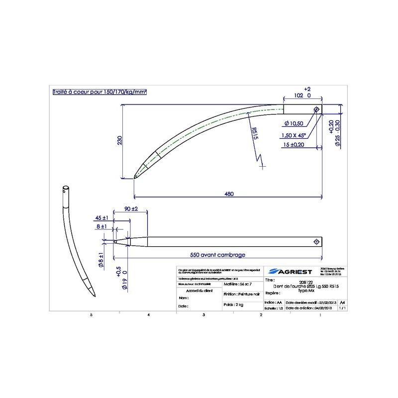 DENT DE FOURCHE Ø25 LG 550 COURBEE R515 TYPE