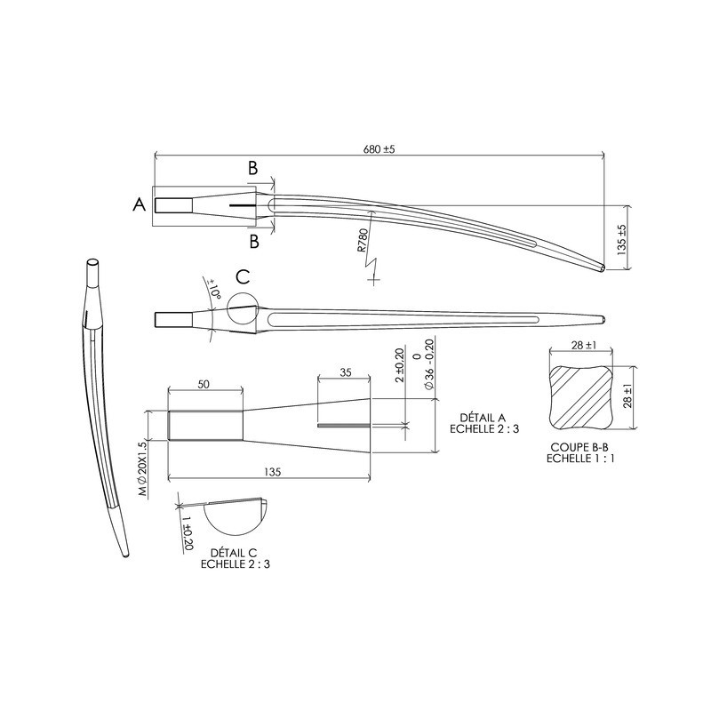 DENT DE FOURCHE Ø36 LG 680 M20X1.5 CL COURBEE