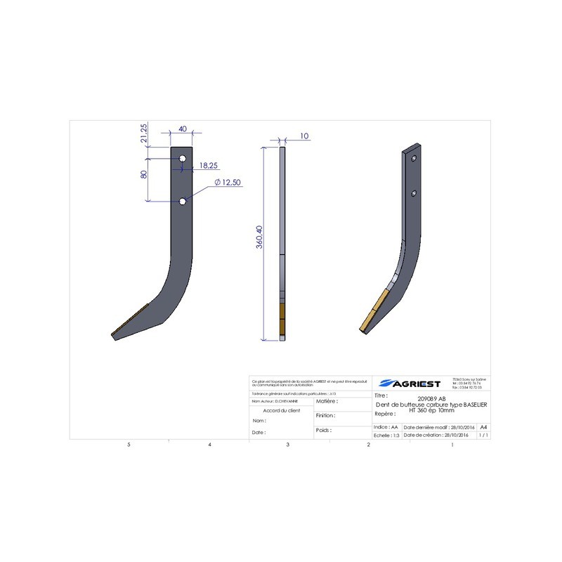 DENT DE BUTTEUSE CARBURE TYPE BASELIER 900197 HT360 EP 10 mm