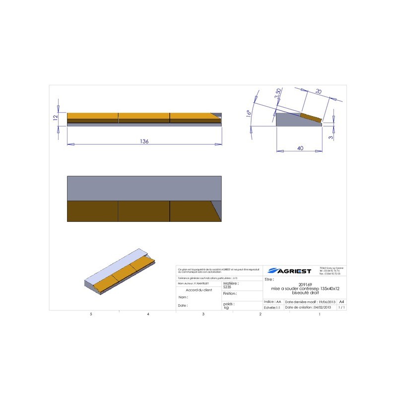MISE A SOUDER CONTRESEP135X40X12 BISEAUTE D C CARB