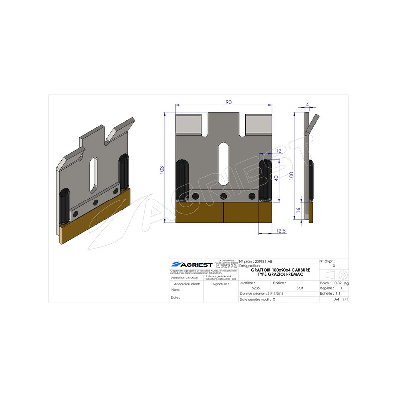 GRATTOIR 100X90X4 CARBURE GRAZIOLI-REMAC