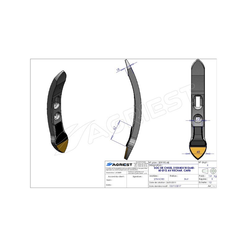 SOC DE CHISEL 310X40X18 EA40-60 Ø12 AV RECHAR R. CARB