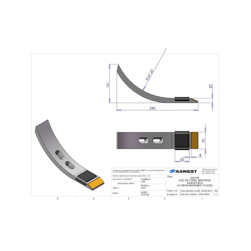 SOC DE CHISEL 400X70X20 EA45-85 Ø14 RECHAR. 3 3 FACES CARB