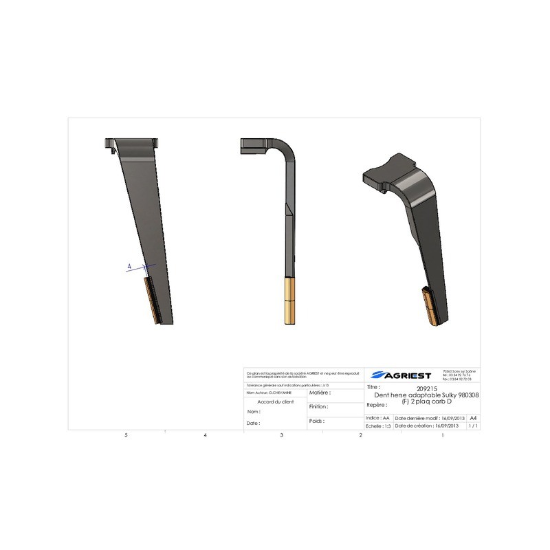 DENT HERSE ADAPTABLE SULKY 980308 (F) 2 PLAQ. CARB D