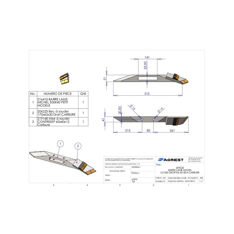 BARRE LAME RAZOL LG 500 EA85 DROIT CARBURE
