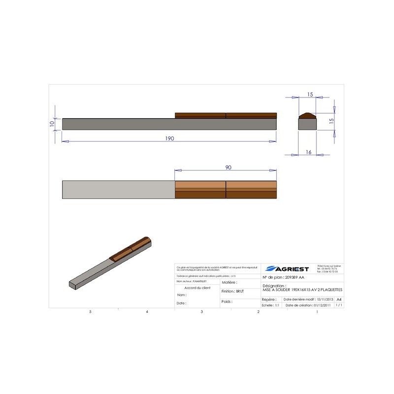 MISE A SOUDER 190X16X15 AV 2 PLAQUETTES CARBU URE
