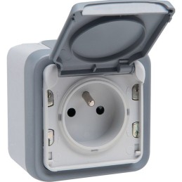 PRISE 2 POLES+TERRE A VOLET PLEXO GRIS LEGRAND