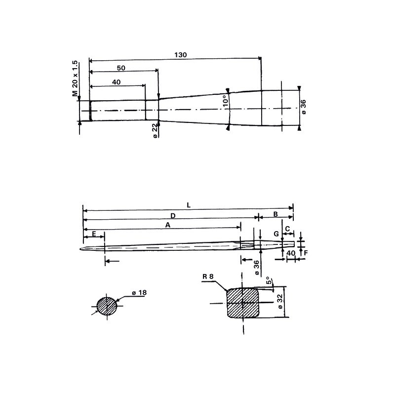 DENT DE FOURCHE Ø36 LG 800 M22X1.5 CL PROFIL CARRE