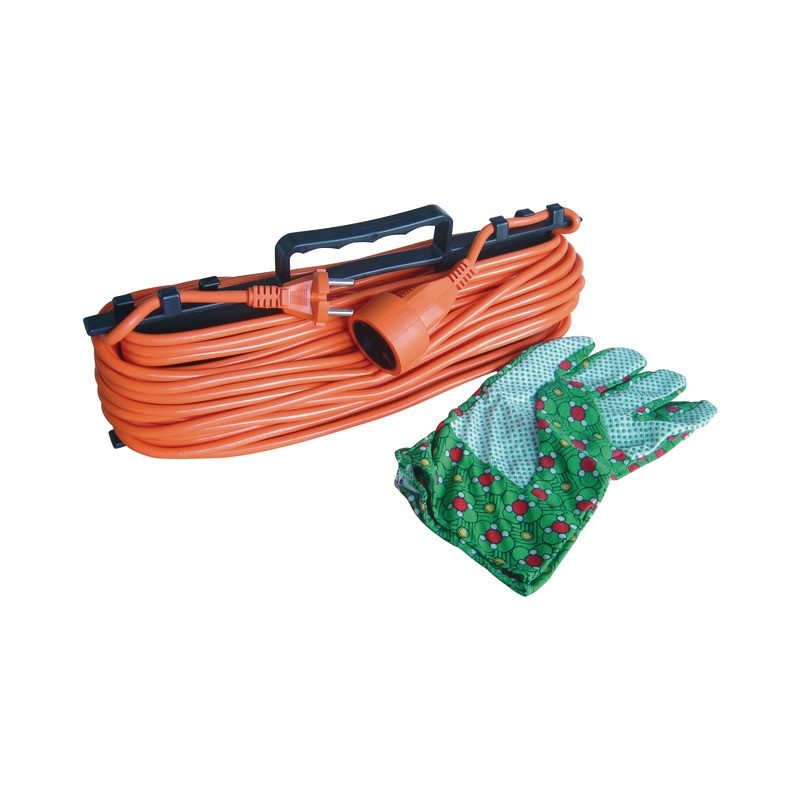 RALLONGE PROLONGATEUR JARDIN 2x1,5 ORANGE 25M + RANGE CABLE + GANT