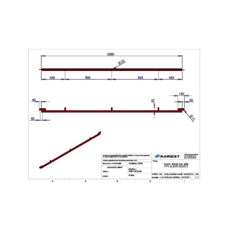 BARRE NUE 40X35 AXES Ø25 TS LES 0,855M TYP DO OUCET (barre de 2,58m)