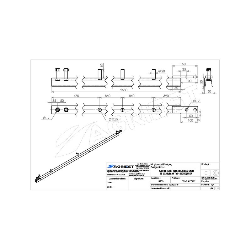 BARRE NUE 50X50 AXES Ø20TS LS 0.86M TYP ROUQU UIER