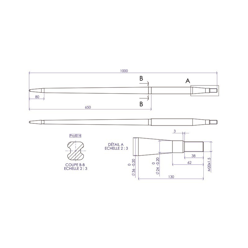 DENT DE FOURCHE Ø36 LG 1000 M20X1.5 CL LL PRO G LL
