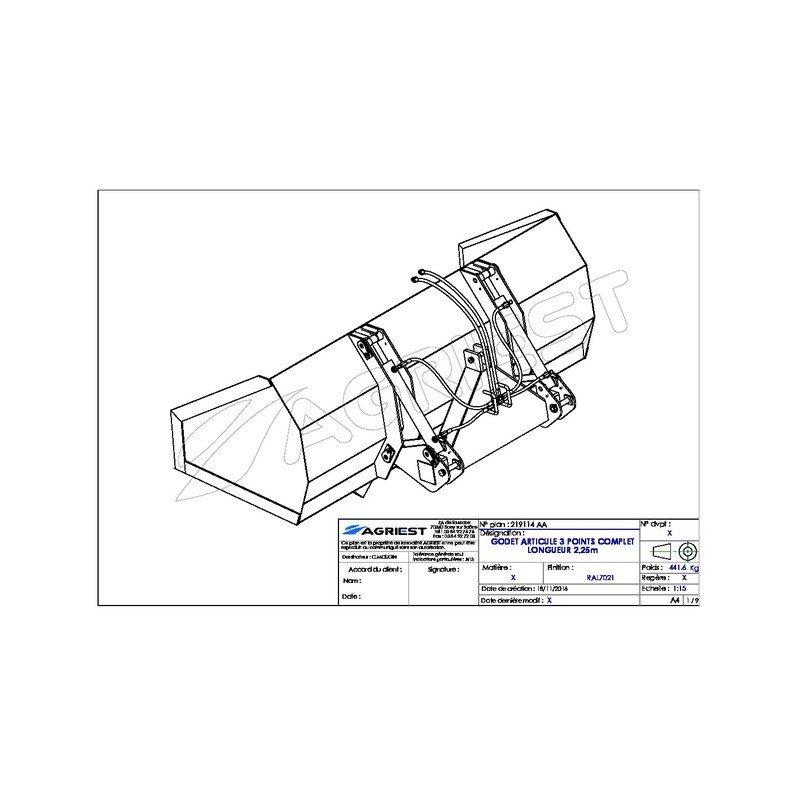 GODET 3 PTS HYDRAULIQUE 2,25M ATTELAGE RENFOR RCE AGRI-POWER