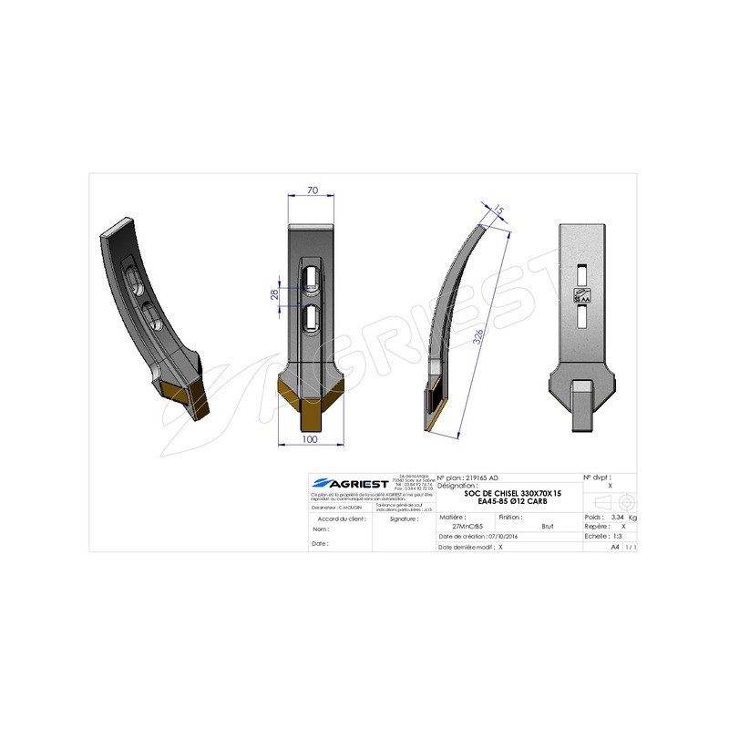SOC DE CHISEL 330X70X15EA45-85 Ø12 CARB