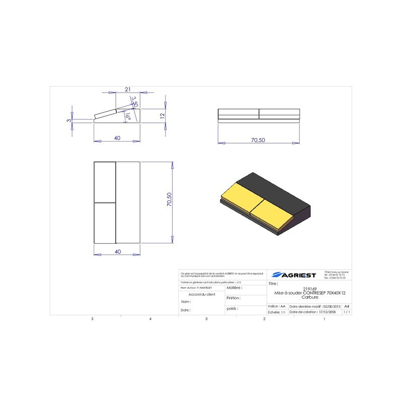 MISE A SOUDER CONTRESEP70X40X12 CARBURE