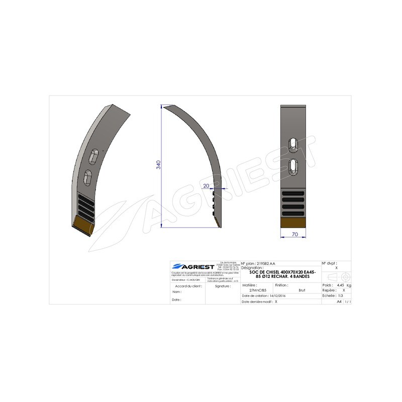 SOC DE CHISEL 400X70X20 EA45-85 Ø12 RECHAR. 4 4 BANDES