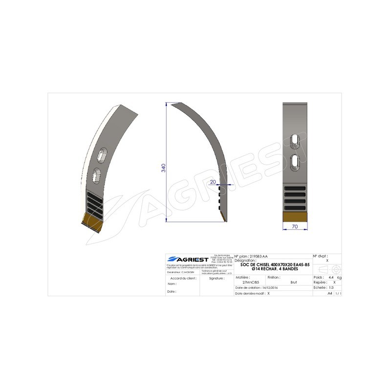 SOC DE CHISEL 400X70X20 EA45-85 Ø14 RECHAR. 4 4 BANDES