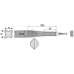 DENT DE FOURCHE Ø36 LG 680 M20X1.5 CL COURBEE