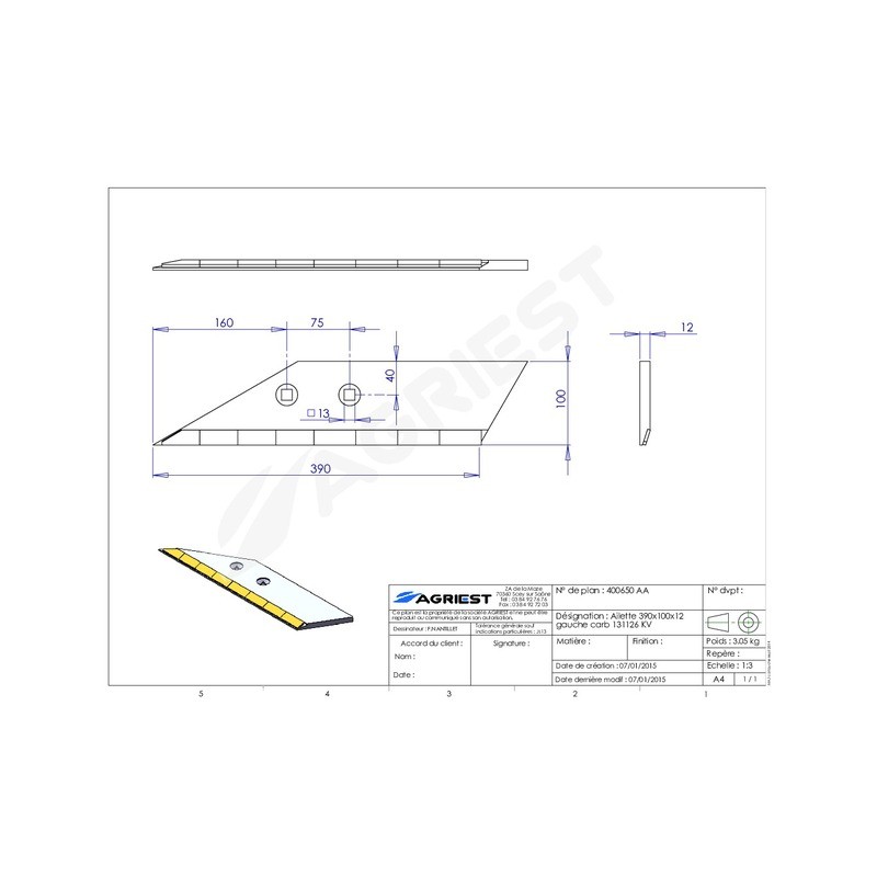 AILETTE ADAPTABLE KV 390X100X12  131126 GAUCH KV