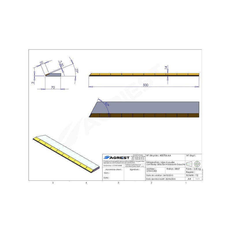 MISE A SOUDER CONTRESEP500X70X14 BISEAUTE G C CARB