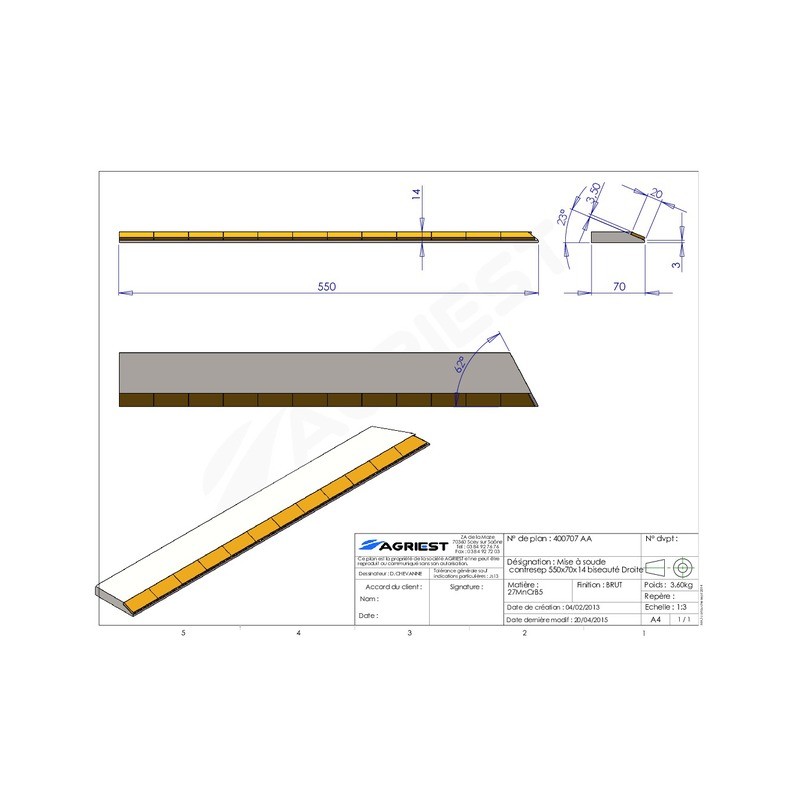 MISE A SOUDER CONTRESEP550X70X14 BISEAUTE D C CARB