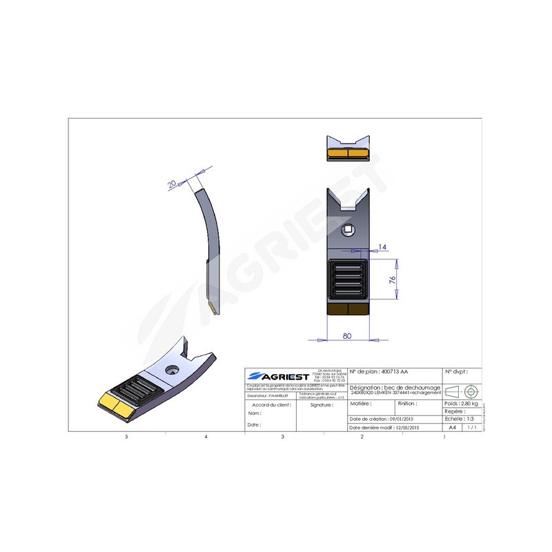 BEC DE DECHAUMAGE 240X80X20 BCARB LEMKEN 3374 4441 RECHARGE