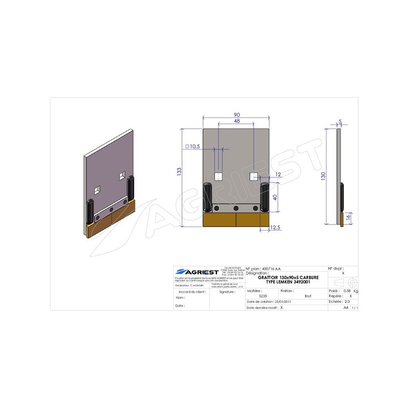 GRATTOIR 130X90X5 CARBURE LEMKEN 3492001