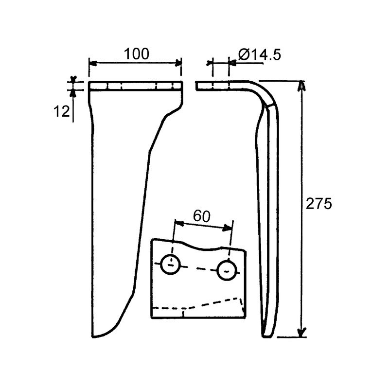 DENT DE HERSE GAUCHE 100X12 EA60 D14 L275 FORGEE TYPE HOWARD