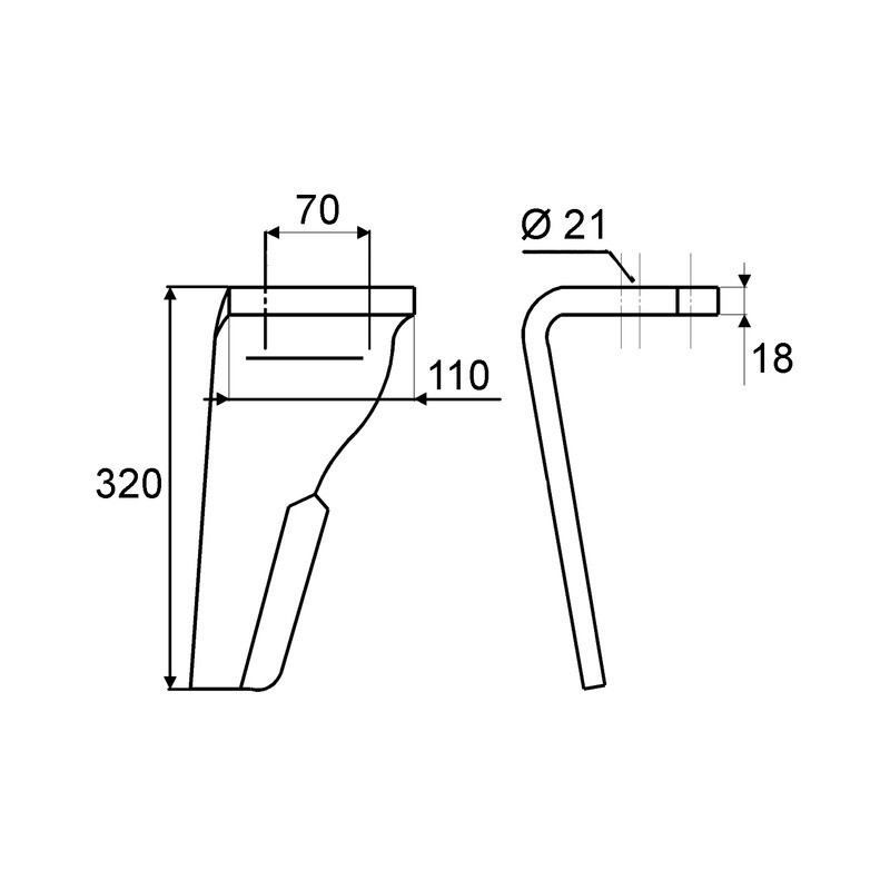 DENT DE HERSE DROITE 110X18 EA72 D20 L320 RH125 FORGEE TYPE LEMKEN