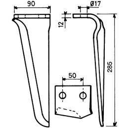 DENT DE HERSE GAUCHE 90X12 EA50 D16 L285 FORGEE TYPE MASCHIO/KVE