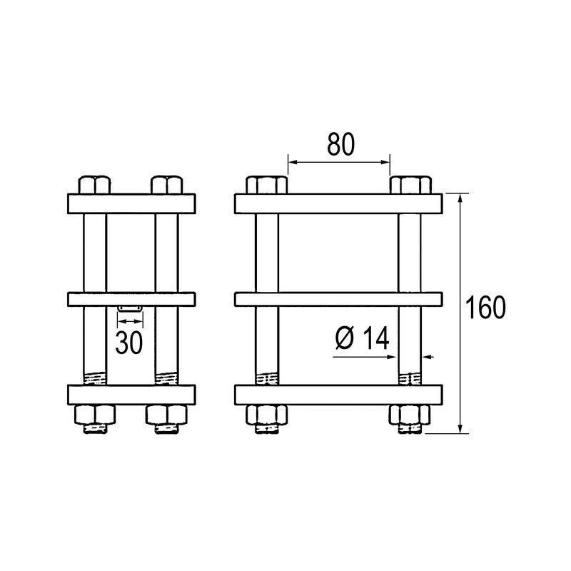 BRIDE 3 PLAQUES DENT 30x30 CHASSIS 80X80 BOULON M14