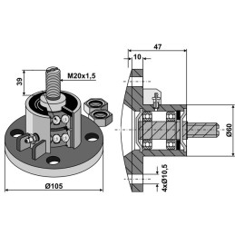 MOYEU DE DISQUE CONVEXE 4 TROUS 10,5 MM ENTRE AXE 86 MM FILETE 20 MM