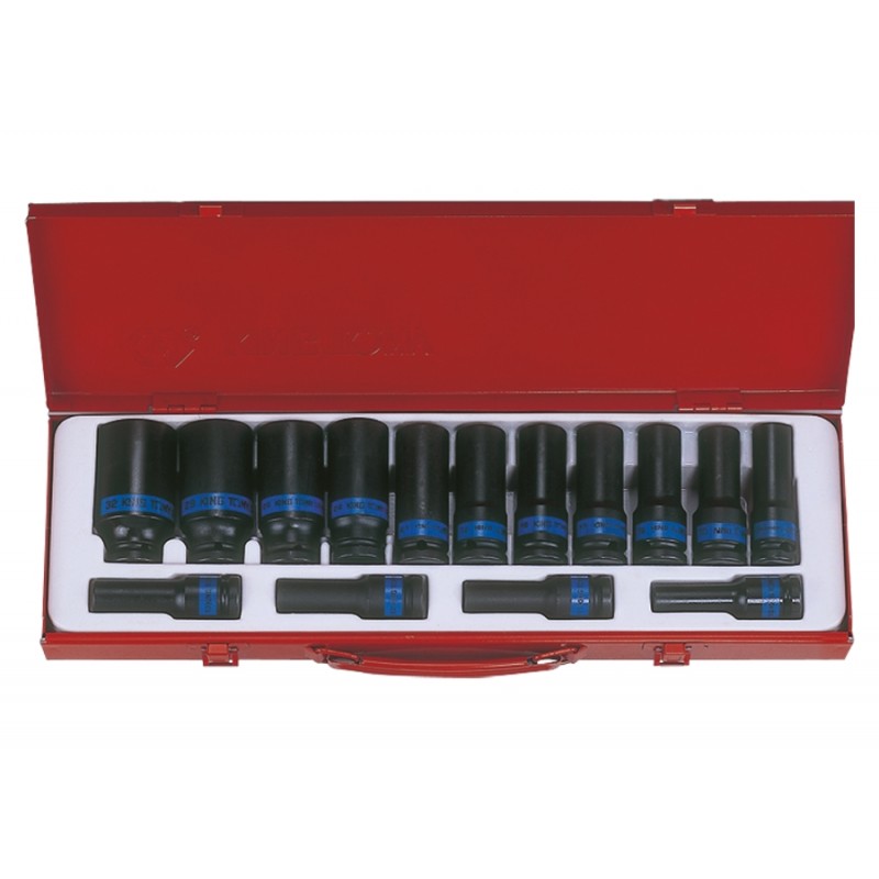 Coffret de douilles longues 1/2" à choc métriques - 15 pièces