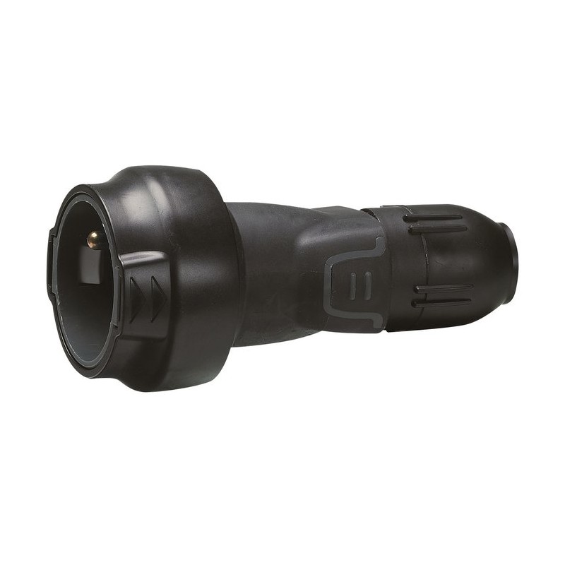 Fiche caoutchouc noire 2P+T 16 A Legrand - Connexion à vis - Sortie droite Femelle