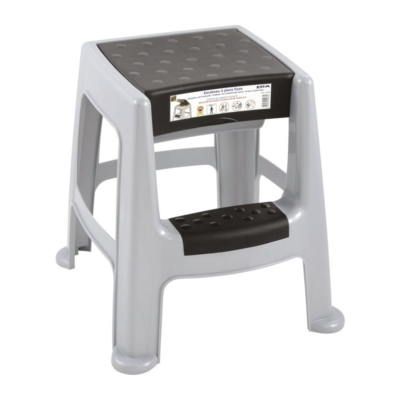 Tabouret marchepied plastique avec coffre Eda - Gris béton et noir