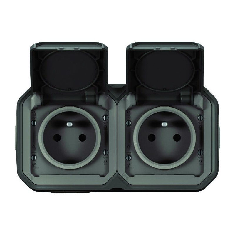 Prise de courant étanche Plexo Complet - Legrand - 2 x 2P+T - 16 A - Anthracite - IP55 - Horizontale - En saillie - Précâblée