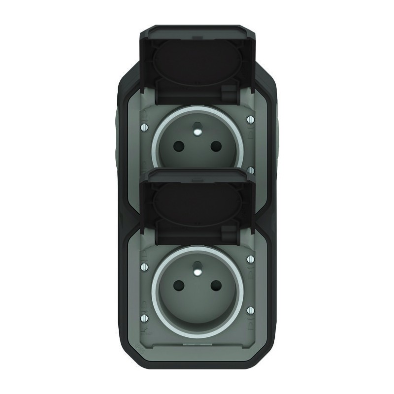 Prise de courant étanche Plexo Complet - Legrand - 2 x 2P+T - 16 A - Anthracite - IP55 - Verticale - En saillie - Précâblée