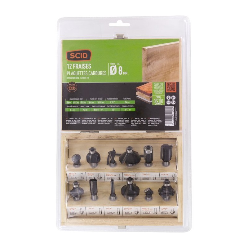 Coffret bois 12 fraises pour défonceuse SCID - Diamètre de queue 8 mm