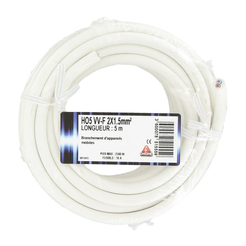Câble H05 VV-F 2 x 1,5 mm² Dhome - Blanc - Longueur 5 m