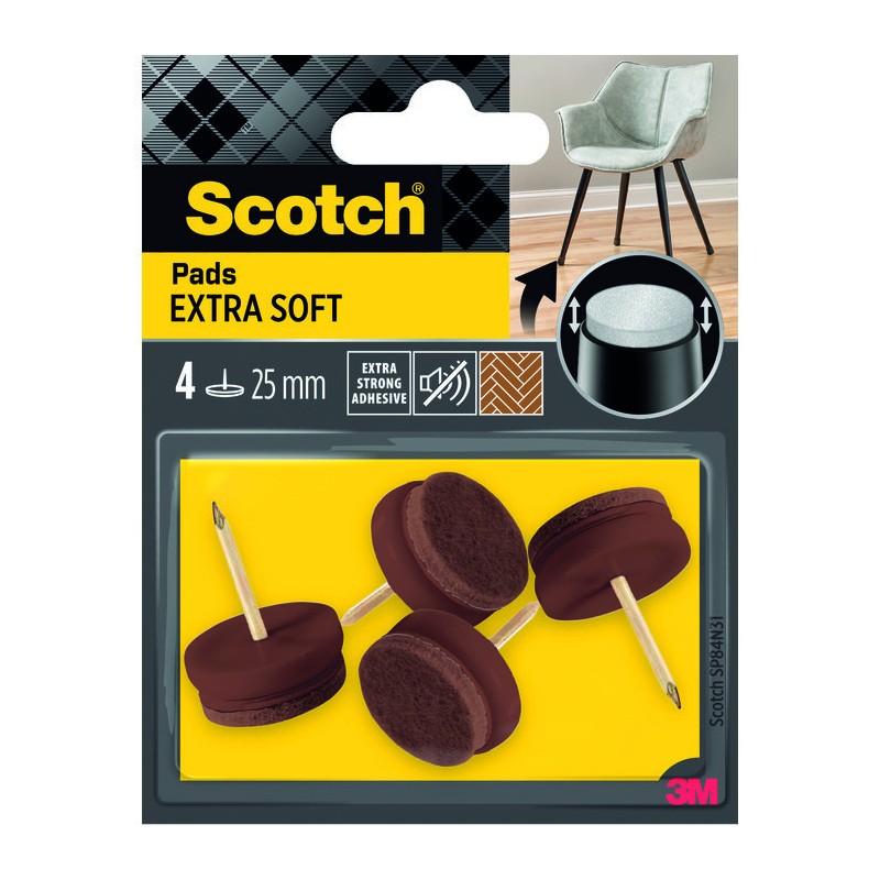 4 Patins extra soft feutre laine + clou marron  Ø25mm - SCOTCH