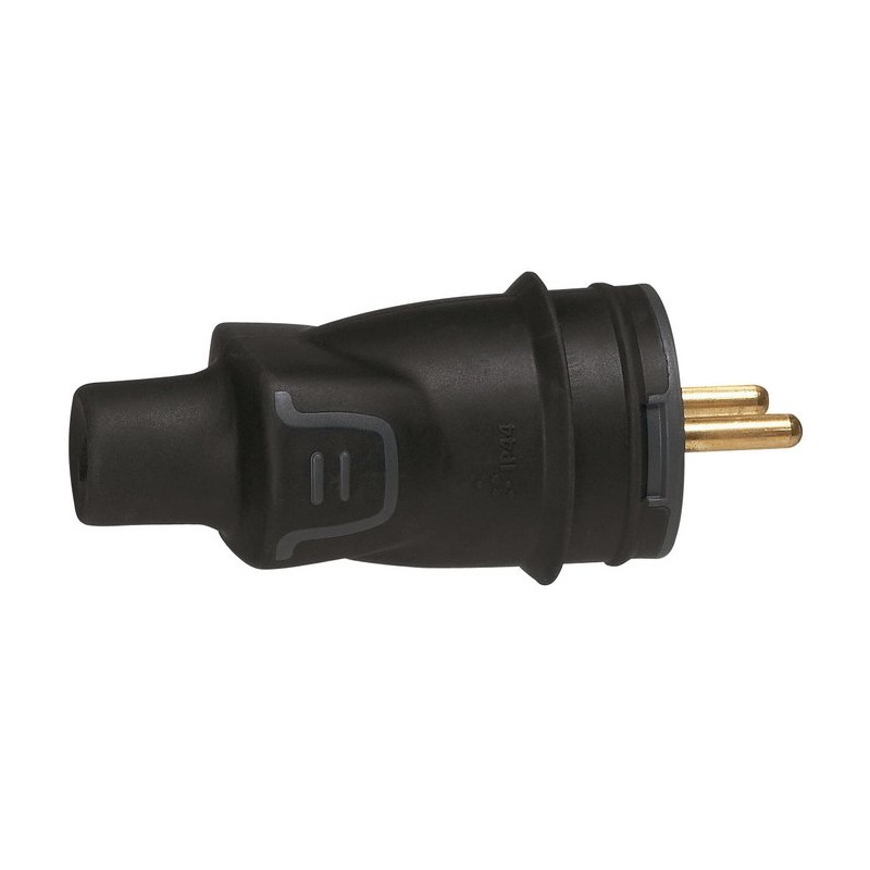 Fiche caoutchouc noire 2P+T 16 A Legrand - Connexion à vis - Sortie droite Mâle